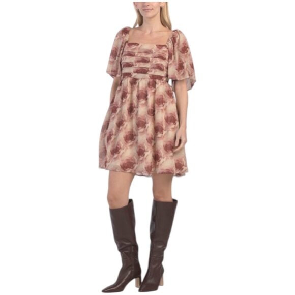IN FEBRUARY Dresses & Skirts - IN FEBRUARY Vintage Rose Ruched Mini Dress With Smocked Back